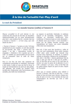 Panathlon International Club Wallonie-Bruxelles - Newsletter Avril 2024