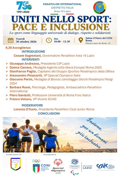 Panathlon Area 14 Lazio - "Uniti nello sport: pace e inclusione" - 30 Ottobre 2026 presso Salone d'Onore del CONI Roma